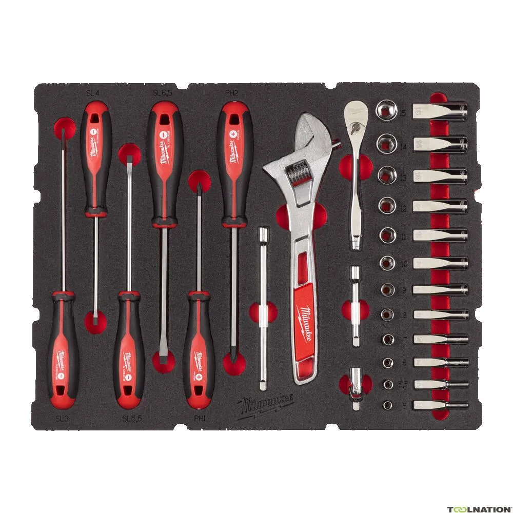 Milwaukee Accessori 4932480717 Set di cricchetti, tappi, cacciaviti e chiavi da 1/4" PACKOUT Foam Inlay 35 pezzi