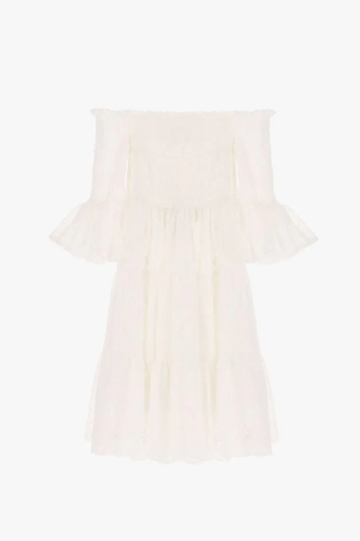 Mini abito con scollo alla Bardot e gonna effetto pizzo sangallo