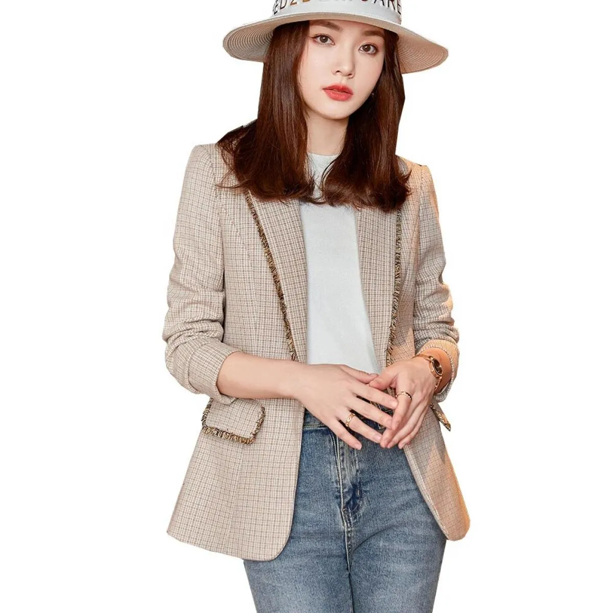Nuovo arrivo Casual grigio albicocca scozzese giacca sportiva da donna moda donna femminile sottile cappotto a bottone singolo p