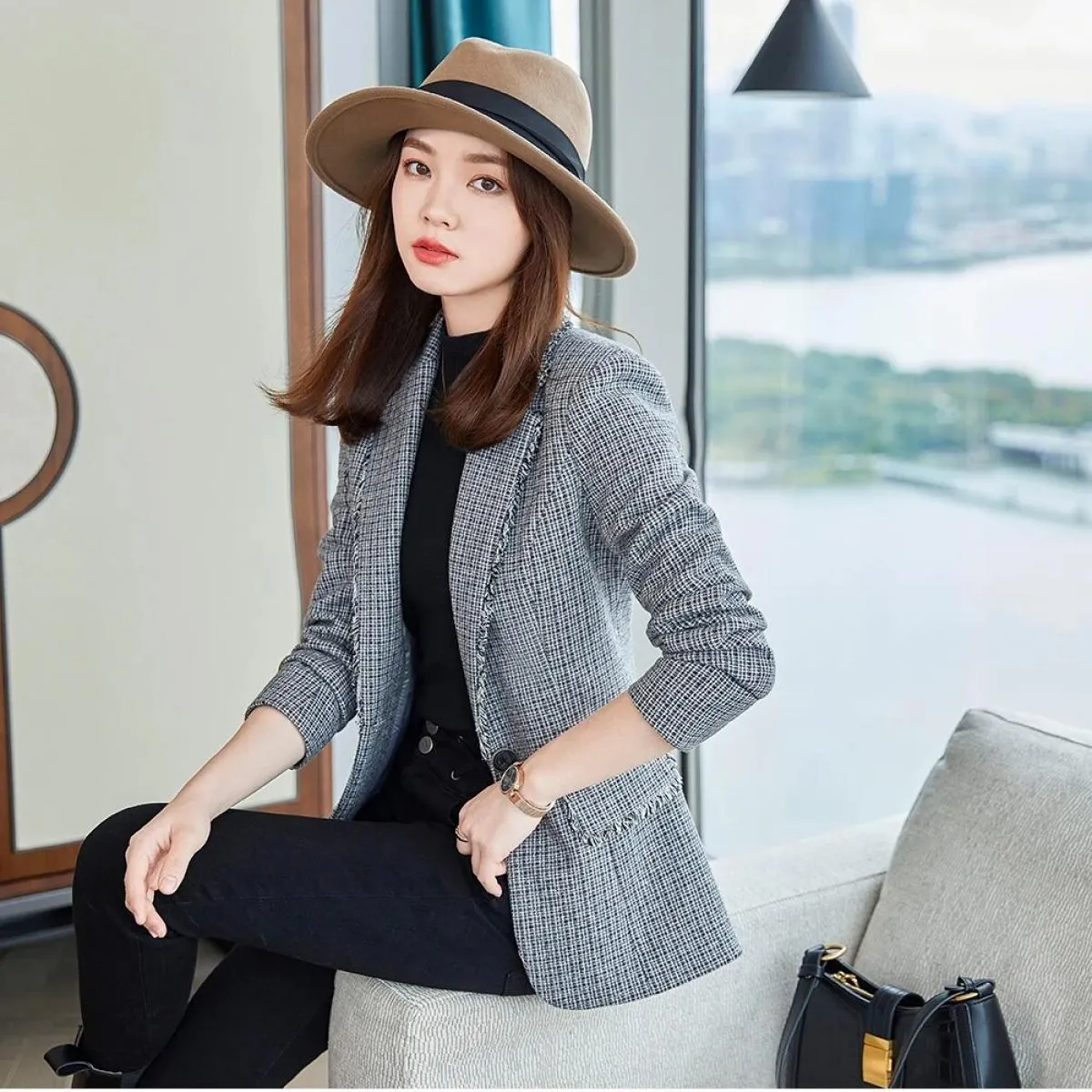 Nuovo arrivo Casual grigio albicocca scozzese giacca sportiva da donna moda donna femminile sottile cappotto a bottone singolo p