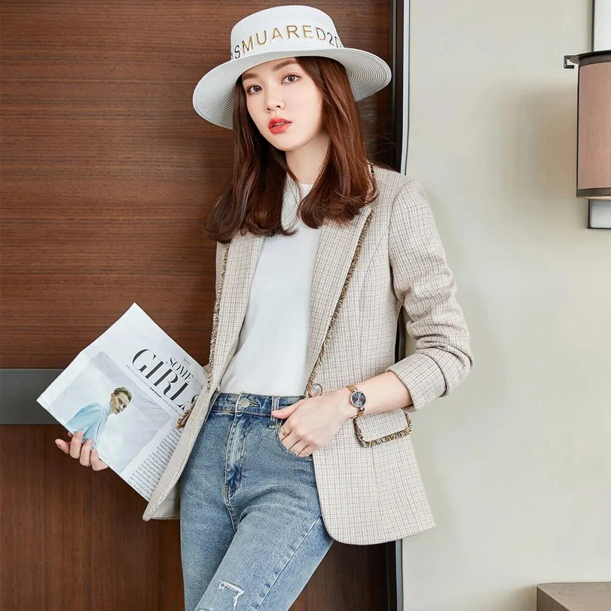 Nuovo arrivo Casual grigio albicocca scozzese giacca sportiva da donna moda donna femminile sottile cappotto a bottone singolo p