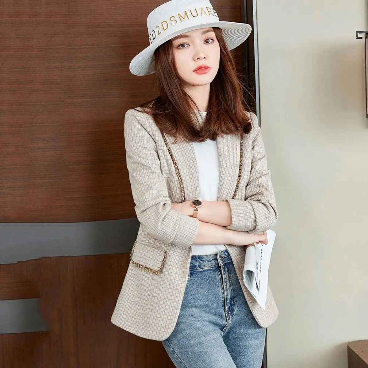 Nuovo arrivo Casual grigio albicocca scozzese giacca sportiva da donna moda donna femminile sottile cappotto a bottone singolo p