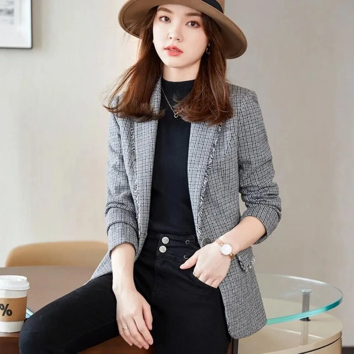 Nuovo arrivo Casual grigio albicocca scozzese giacca sportiva da donna moda donna femminile sottile cappotto a bottone singolo p