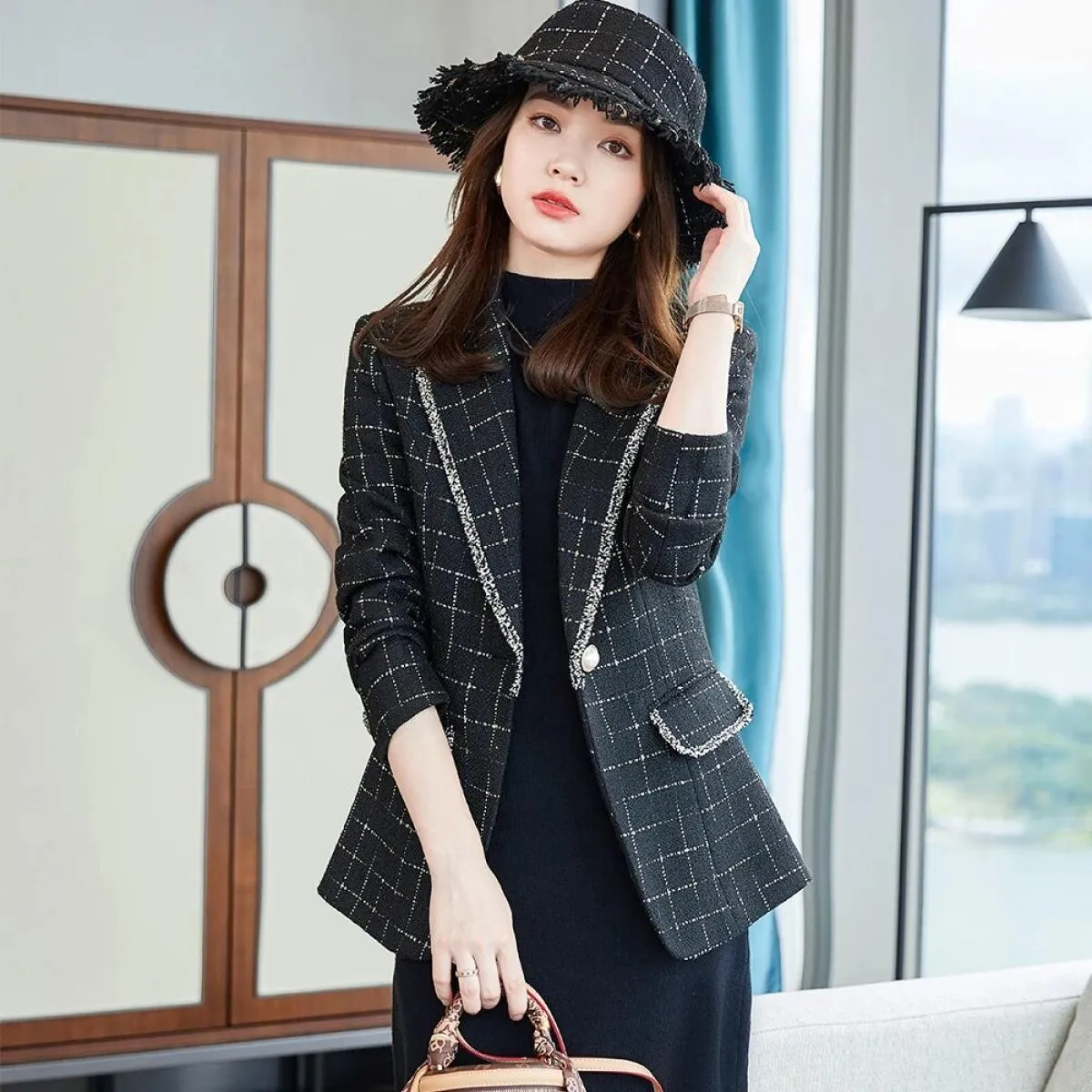 Nuovo arrivo casual primavera autunno donna bianco nero plaid blazer cappotto moda donna femminile sottile giacca a bottone sing