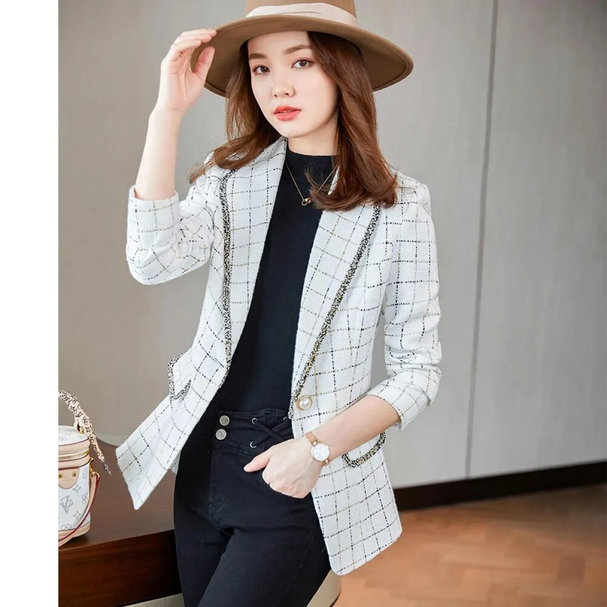 Nuovo arrivo casual primavera autunno donna bianco nero plaid blazer cappotto moda donna femminile sottile giacca a bottone sing