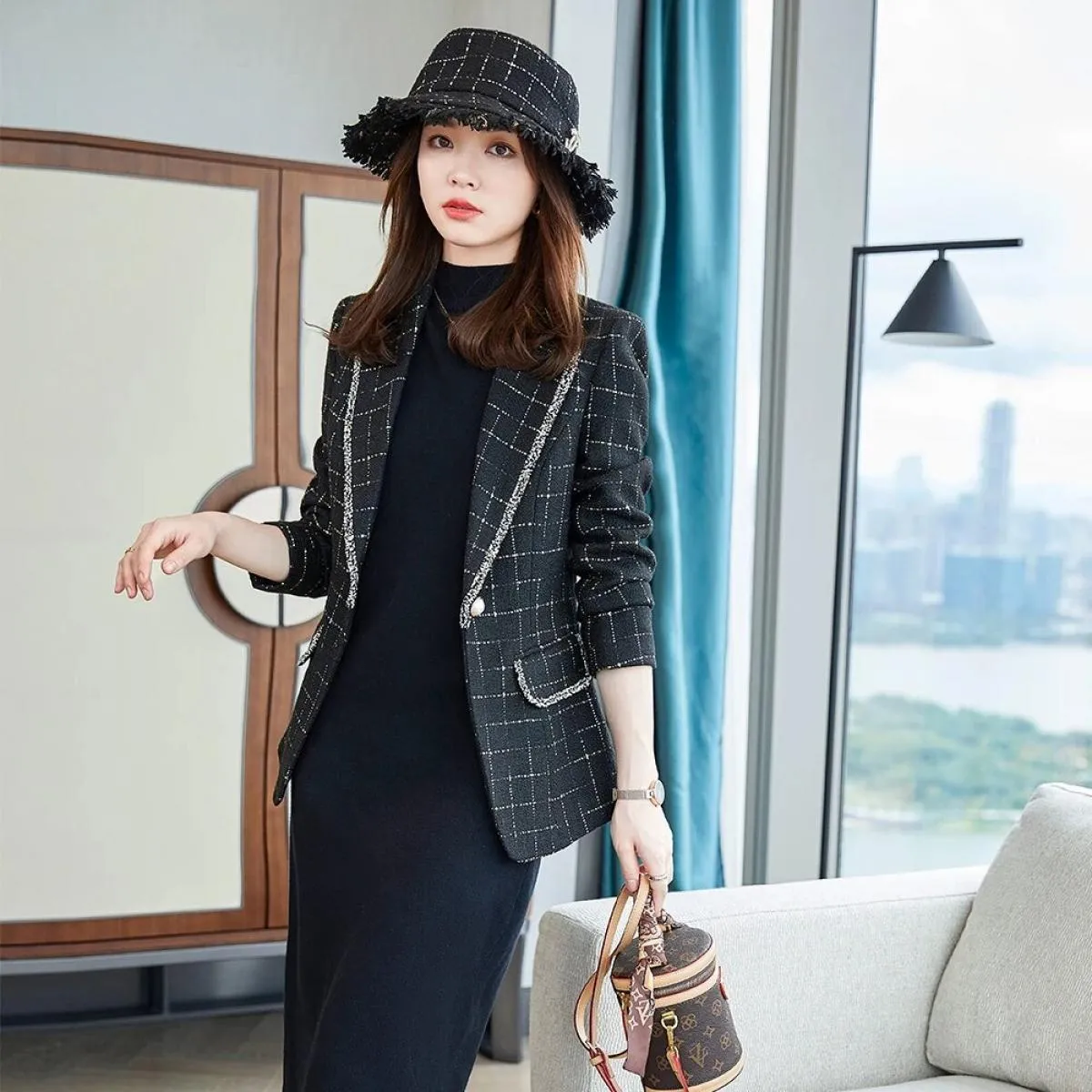 Nuovo arrivo casual primavera autunno donna bianco nero plaid blazer cappotto moda donna femminile sottile giacca a bottone sing