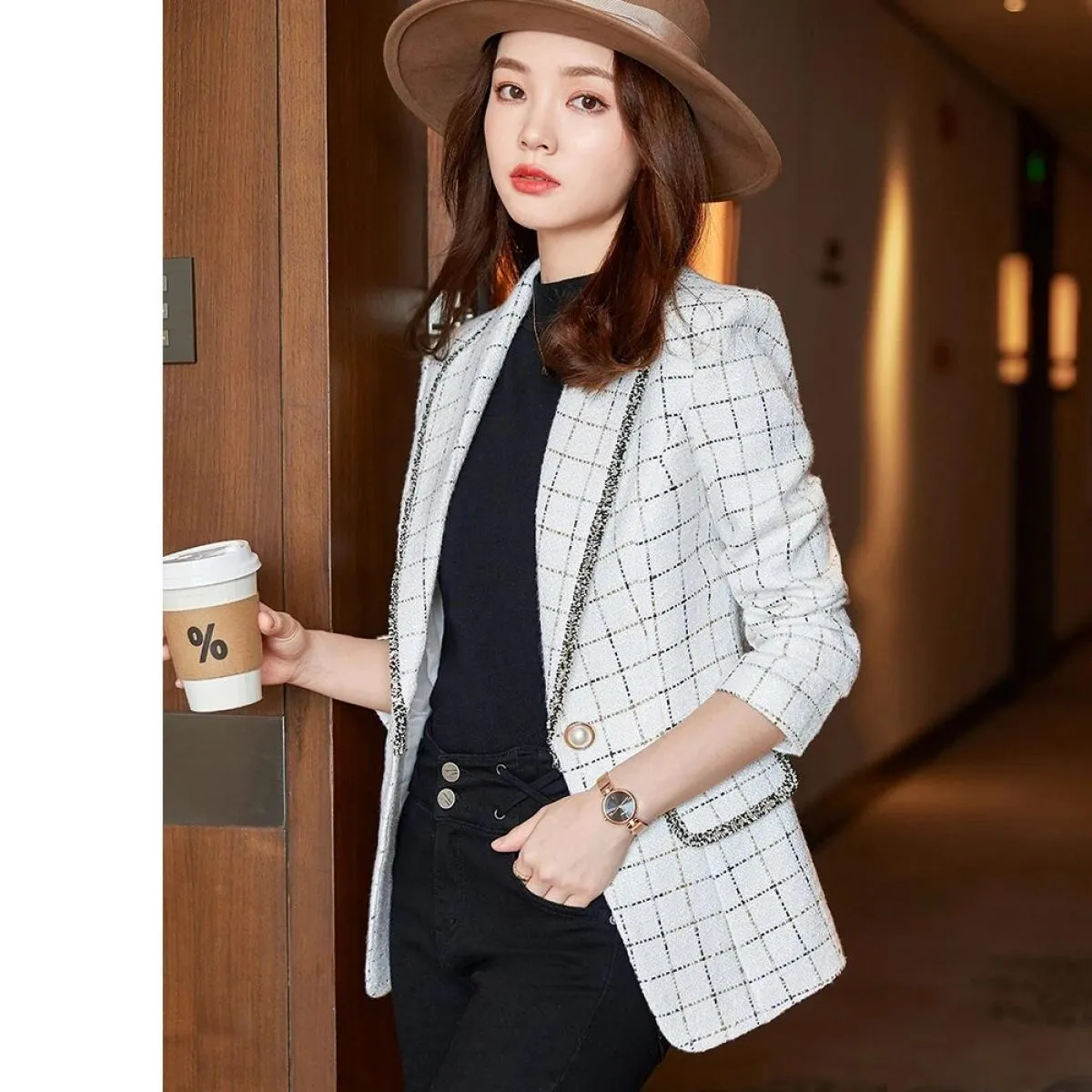 Nuovo arrivo casual primavera autunno donna bianco nero plaid blazer cappotto moda donna femminile sottile giacca a bottone sing