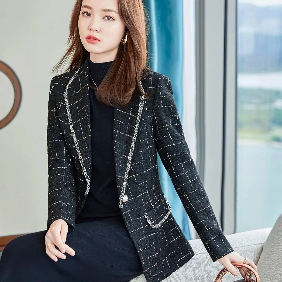 Nuovo arrivo casual primavera autunno donna bianco nero plaid blazer cappotto moda donna femminile sottile giacca a bottone sing