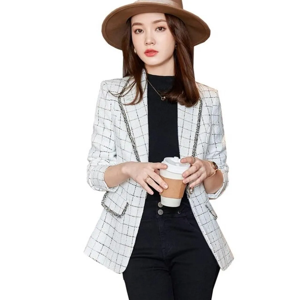 Nuovo arrivo casual primavera autunno donna bianco nero plaid blazer cappotto moda donna femminile sottile giacca a bottone sing