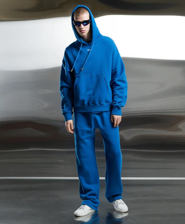 Off-White Felpa blu con cappuccio con ricamo logo OMBB085S24FLE008