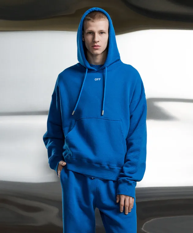 Off-White Felpa blu con cappuccio con ricamo logo OMBB085S24FLE008