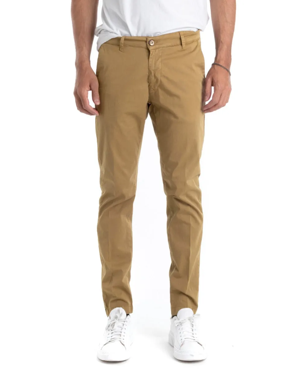 Pantaloni Uomo Cotone Tasca America Chinos Sartoriale Slim Fit Casual Camel GIOSAL-P5698A