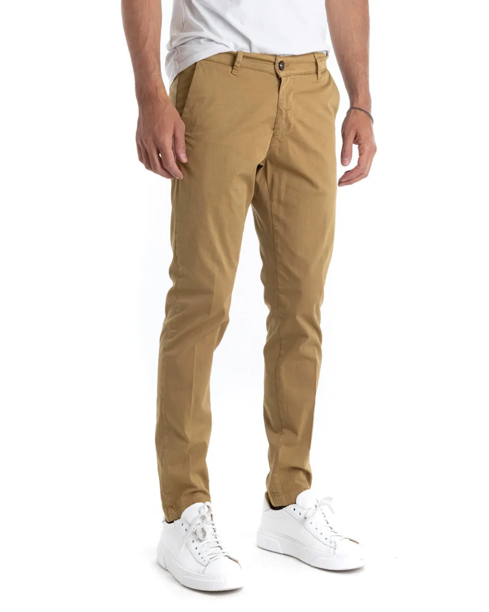 Pantaloni Uomo Cotone Tasca America Chinos Sartoriale Slim Fit Casual Camel GIOSAL-P5698A