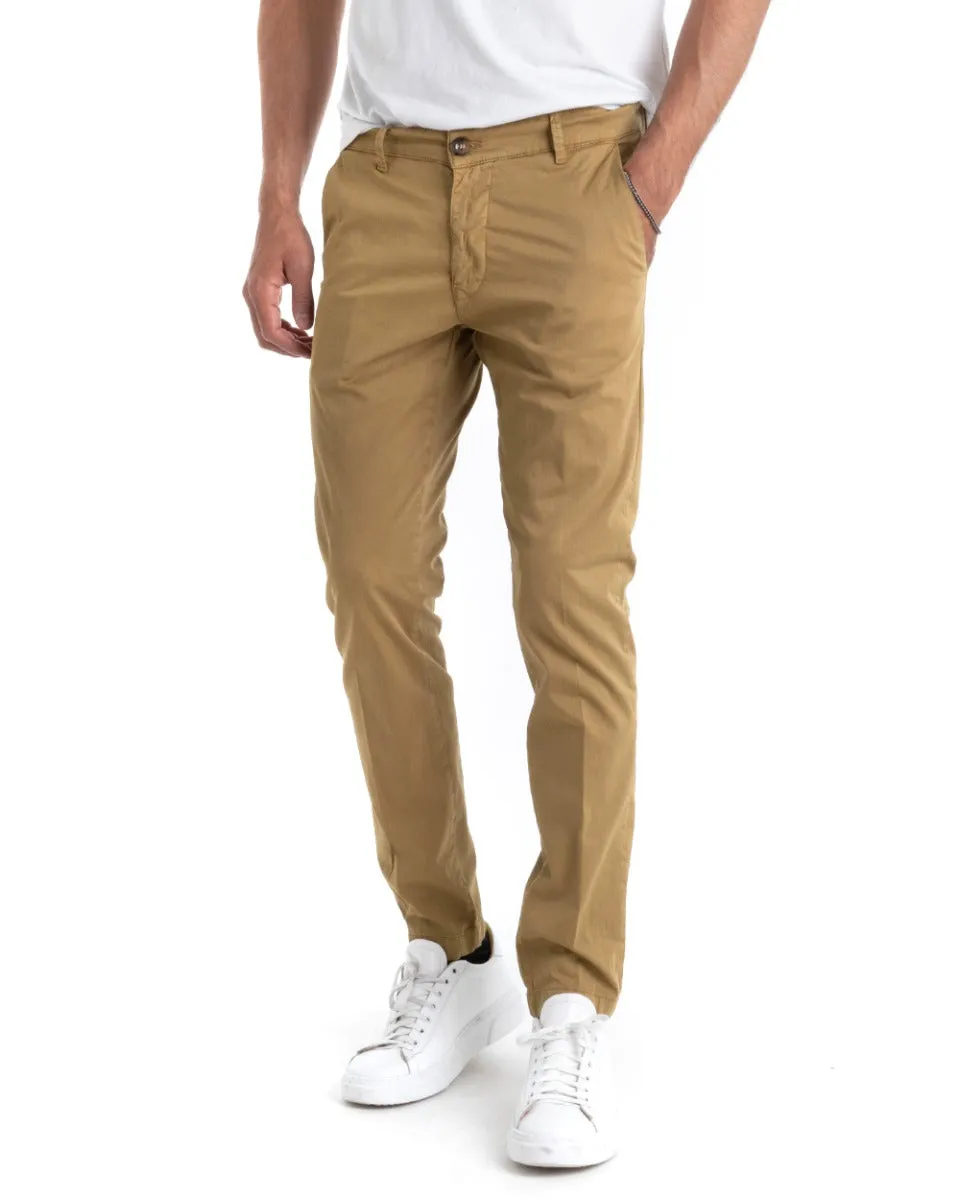 Pantaloni Uomo Cotone Tasca America Chinos Sartoriale Slim Fit Casual Camel GIOSAL-P5698A