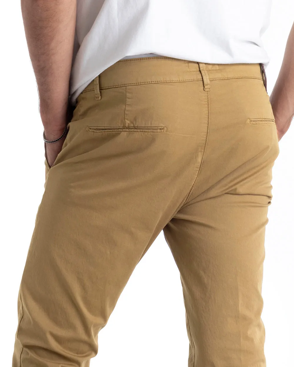 Pantaloni Uomo Cotone Tasca America Chinos Sartoriale Slim Fit Casual Camel GIOSAL-P5698A