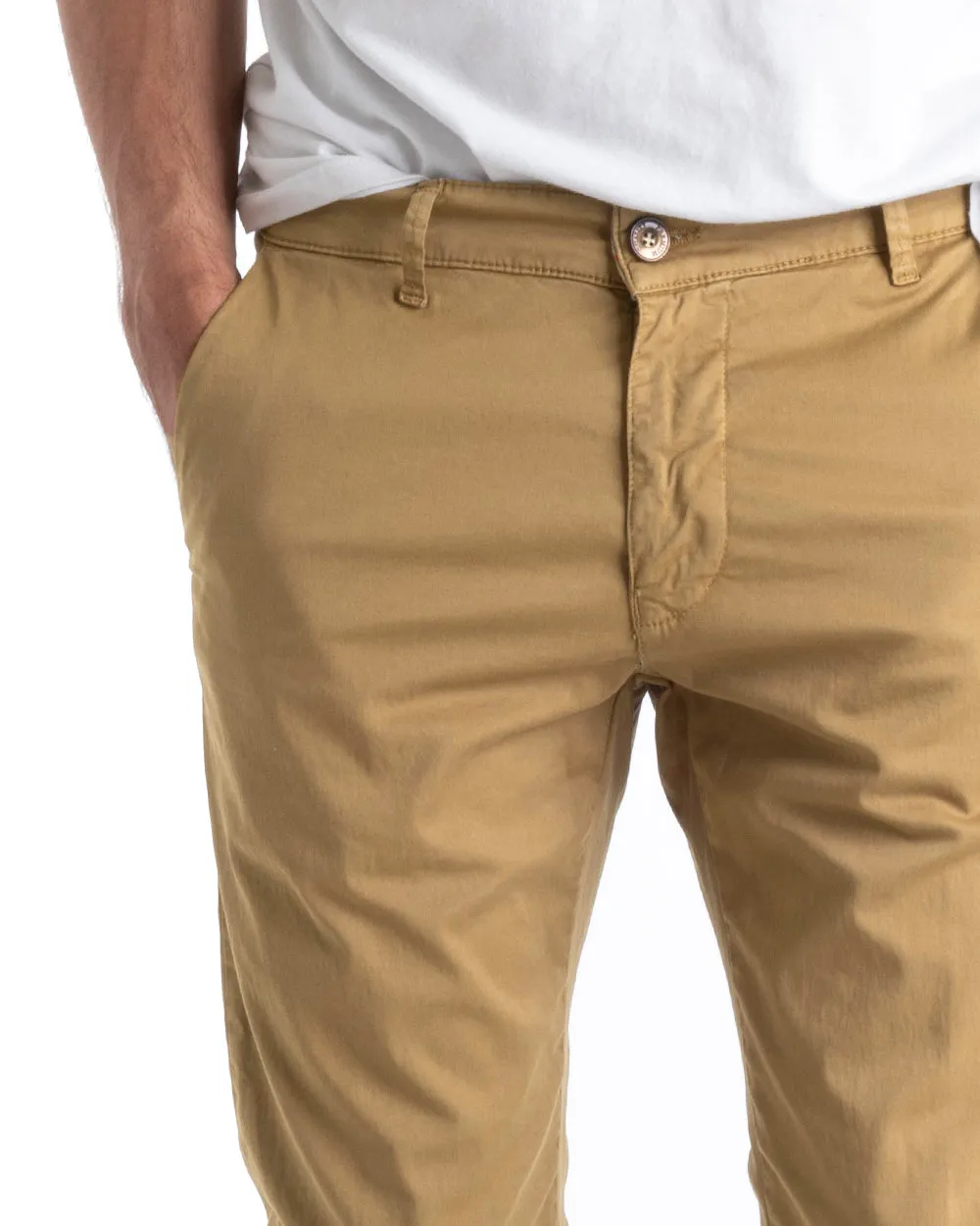 Pantaloni Uomo Cotone Tasca America Chinos Sartoriale Slim Fit Casual Camel GIOSAL-P5698A