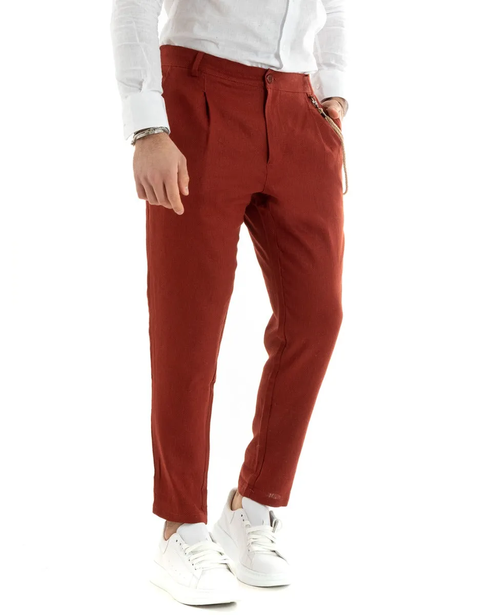 Pantaloni Uomo In Lino Tasca America Classico Sartoriale Comodo Casual Tinta Unita Mattone GIOSAL-P5793A