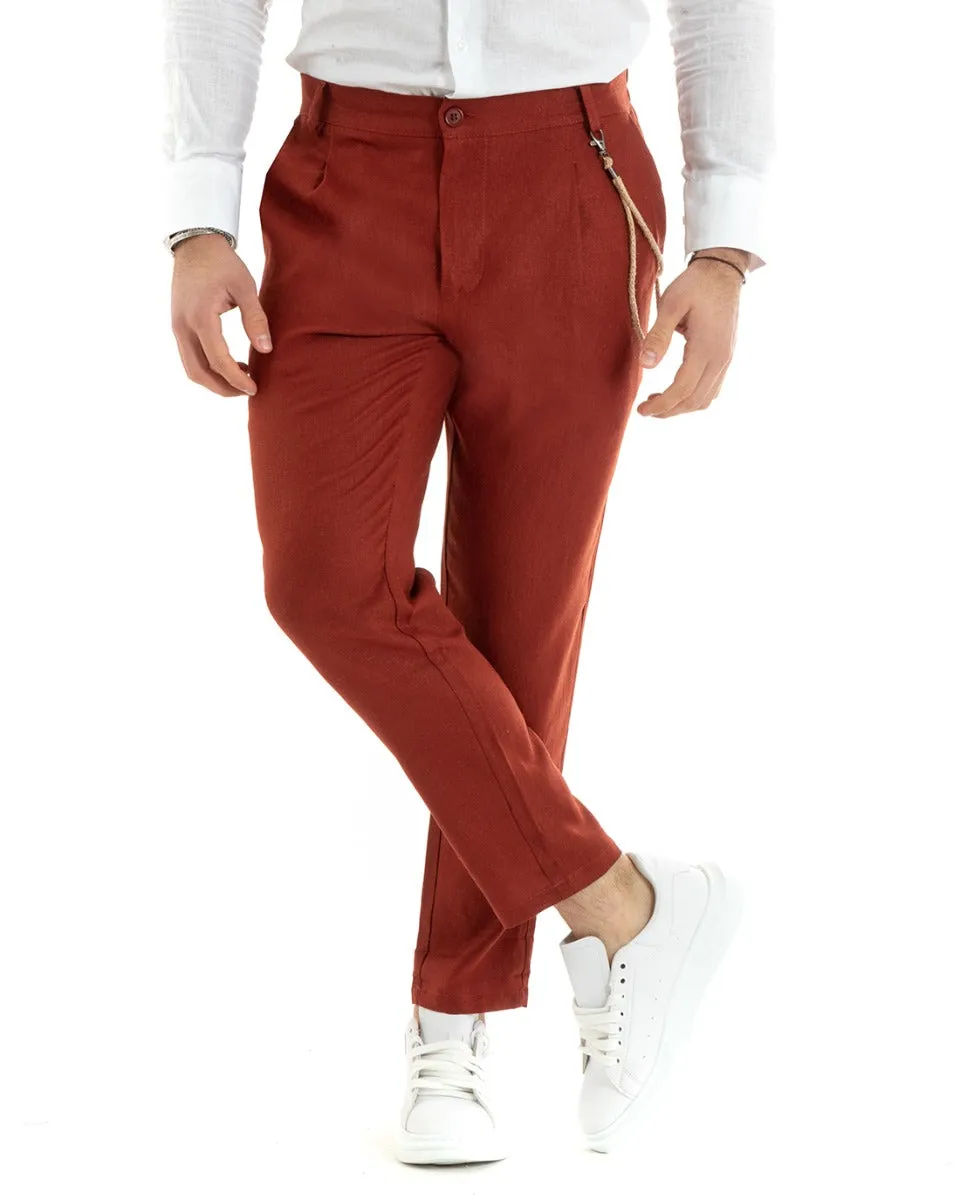 Pantaloni Uomo In Lino Tasca America Classico Sartoriale Comodo Casual Tinta Unita Mattone GIOSAL-P5793A