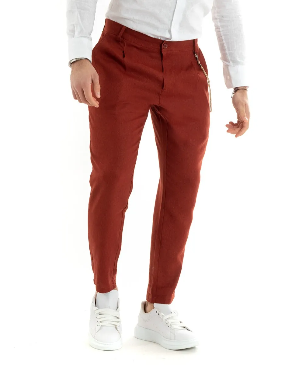 Pantaloni Uomo In Lino Tasca America Classico Sartoriale Comodo Casual Tinta Unita Mattone GIOSAL-P5793A