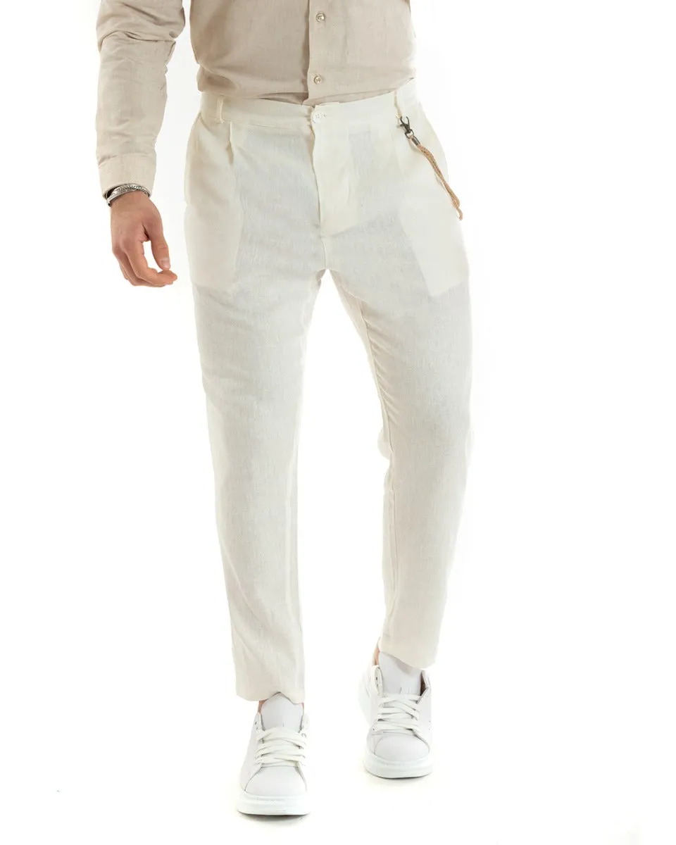 Pantaloni Uomo In Lino Tasca America Classico Sartoriale Comodo Casual Tinta Unita Panna GIOSAL-P5792A