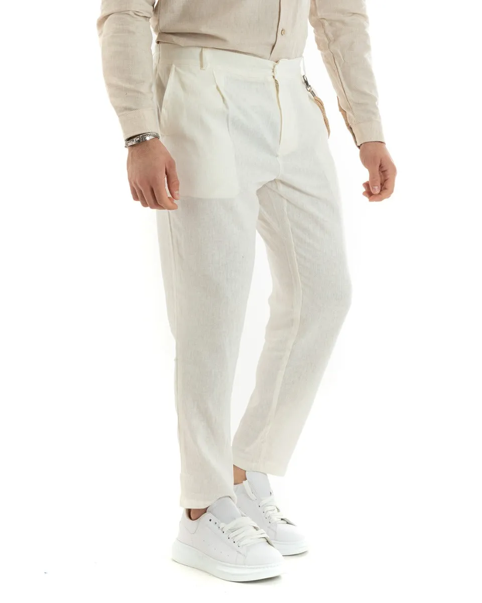 Pantaloni Uomo In Lino Tasca America Classico Sartoriale Comodo Casual Tinta Unita Panna GIOSAL-P5792A