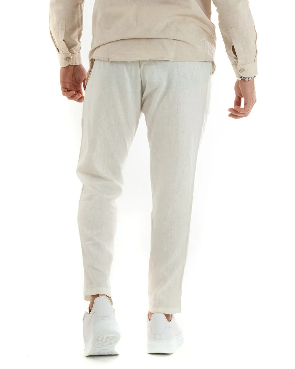 Pantaloni Uomo In Lino Tasca America Classico Sartoriale Comodo Casual Tinta Unita Panna GIOSAL-P5792A