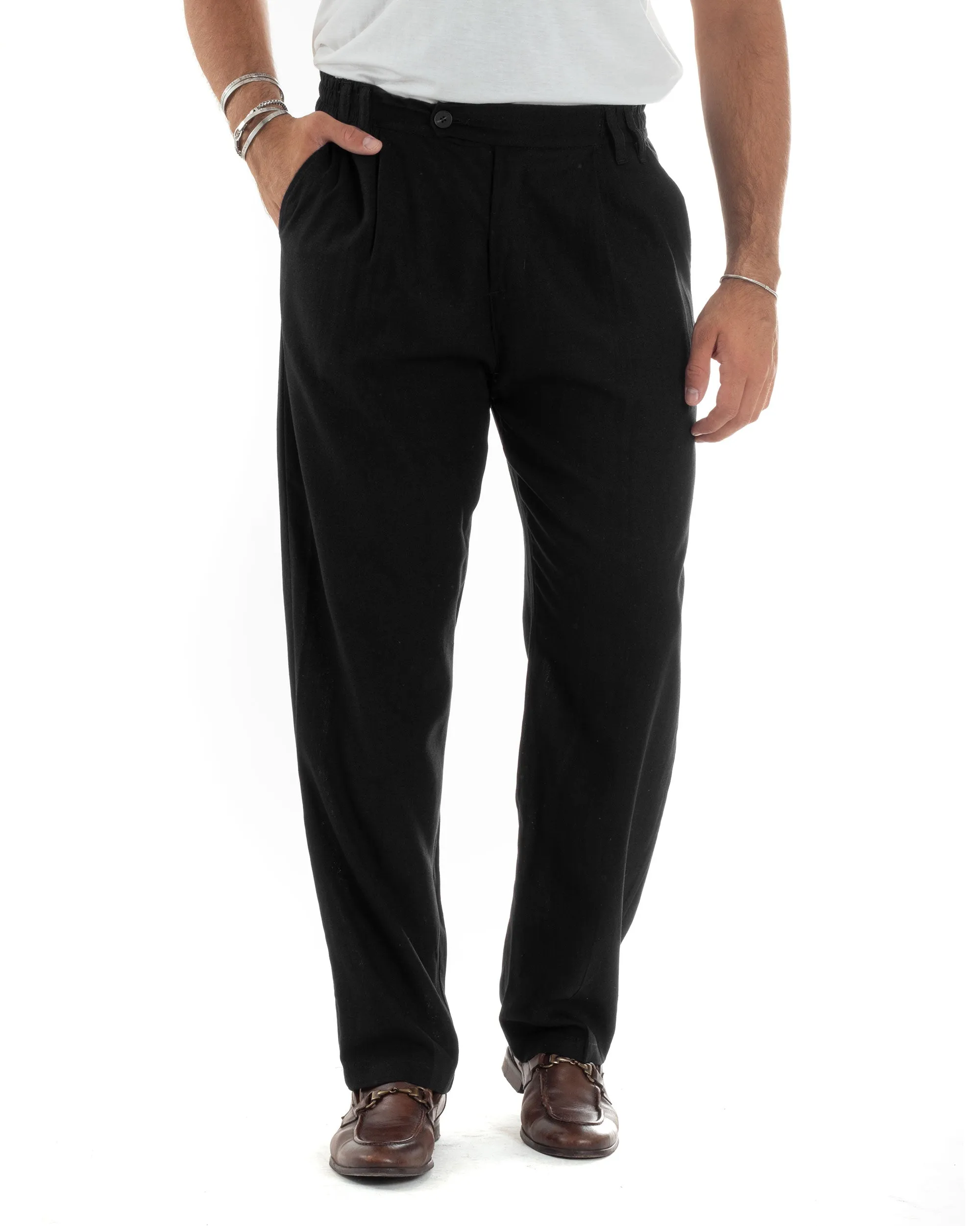 Pantaloni Uomo Lino Baggy Lungo Abbottonatura Allungata Tasche America Pinces Elastico Sul Retro Casual Tinta Unita Nero GIOSAL-