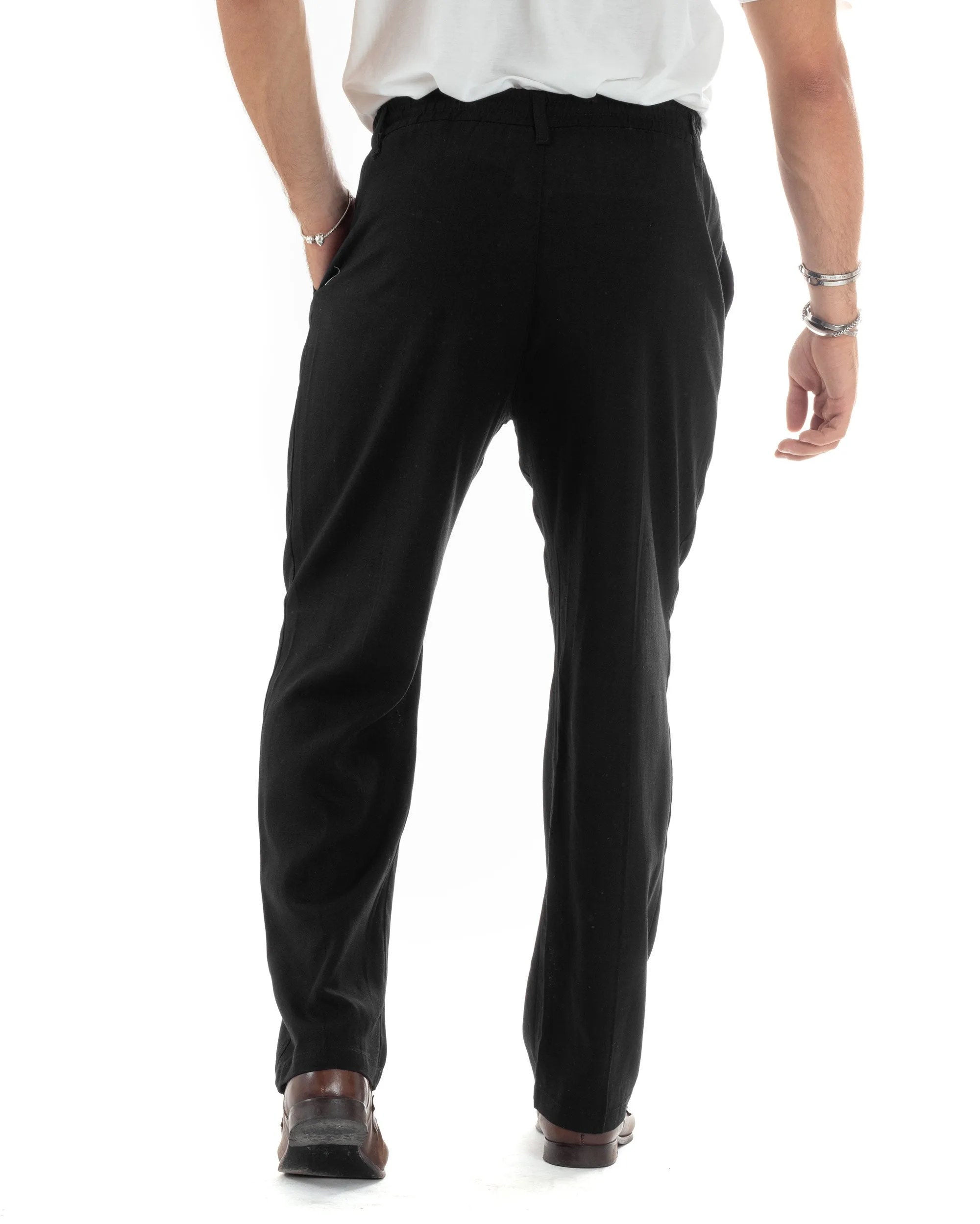 Pantaloni Uomo Lino Baggy Lungo Abbottonatura Allungata Tasche America Pinces Elastico Sul Retro Casual Tinta Unita Nero GIOSAL-