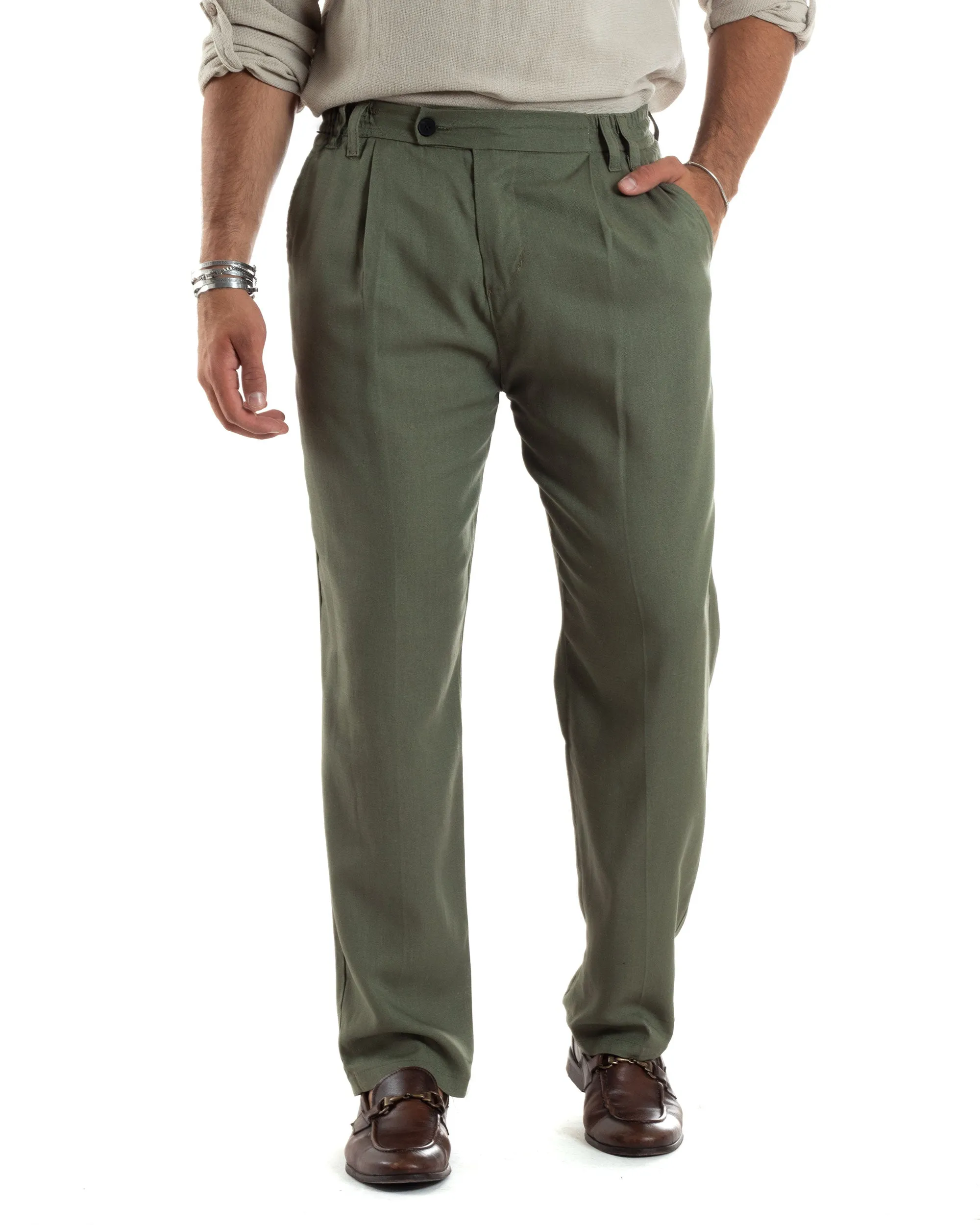 Pantaloni Uomo Lino Baggy Lungo Abbottonatura Allungata Tasche America Pinces Elastico Sul Retro Casual Tinta Unita Verde GIOSAL