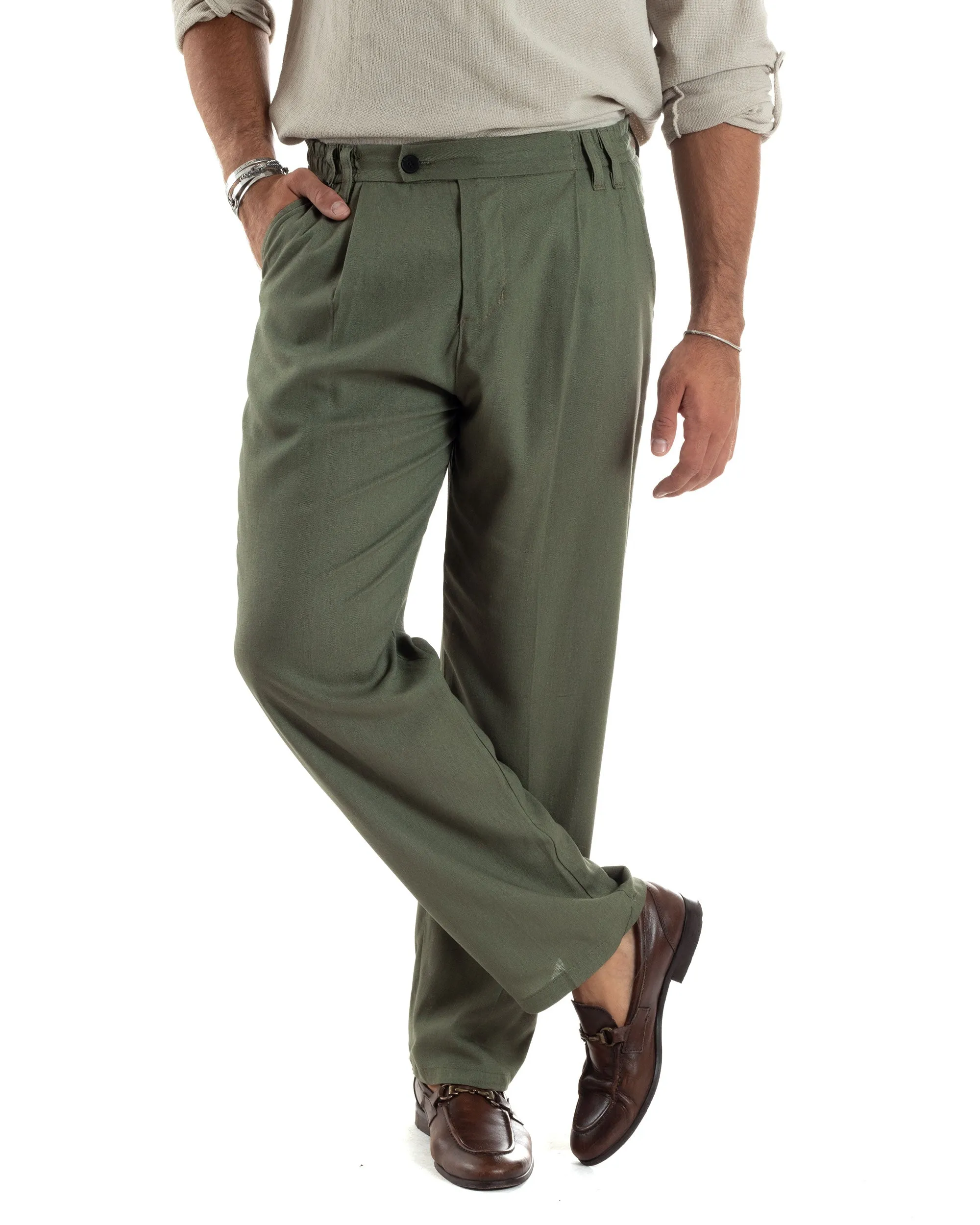 Pantaloni Uomo Lino Baggy Lungo Abbottonatura Allungata Tasche America Pinces Elastico Sul Retro Casual Tinta Unita Verde GIOSAL