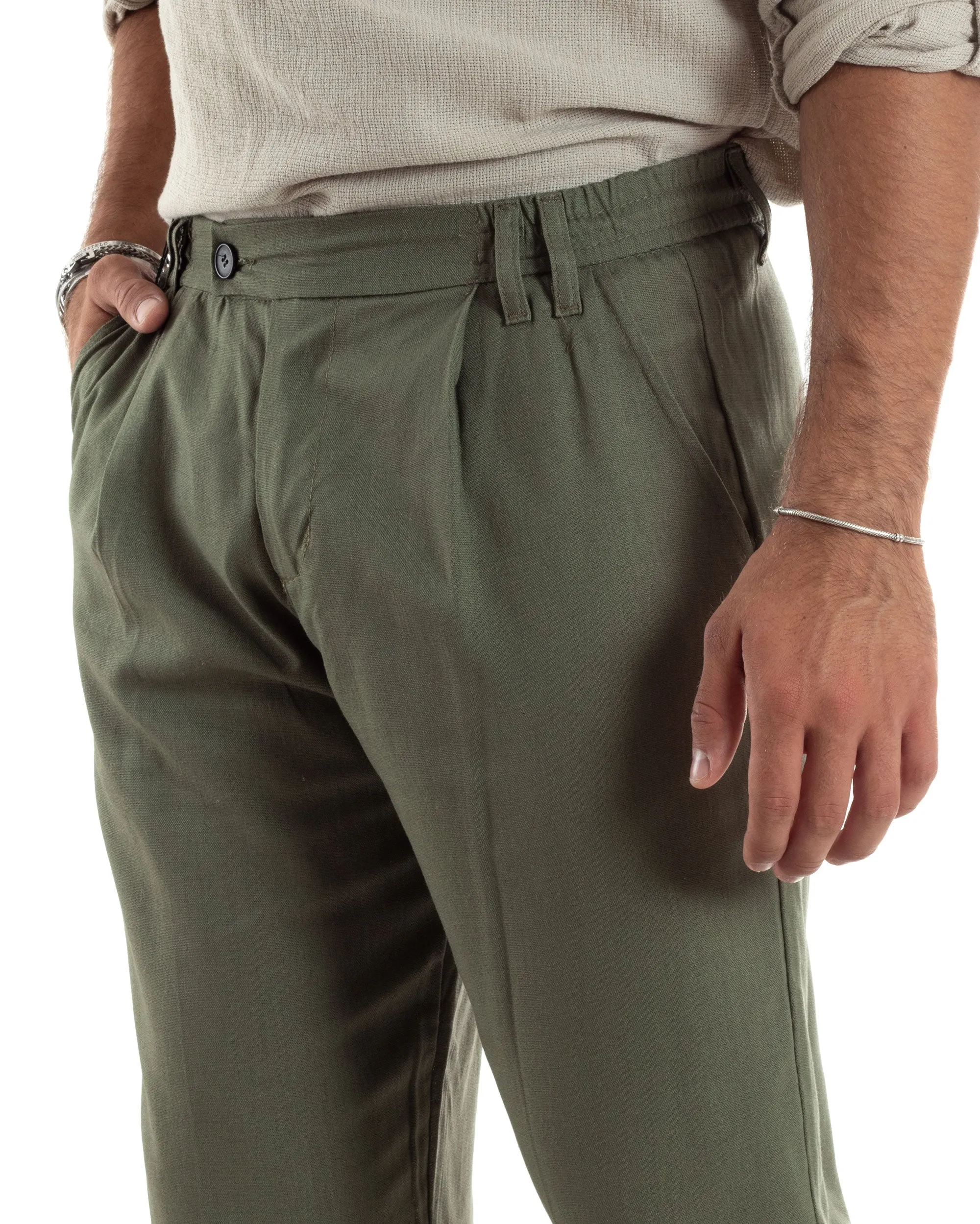 Pantaloni Uomo Lino Baggy Lungo Abbottonatura Allungata Tasche America Pinces Elastico Sul Retro Casual Tinta Unita Verde GIOSAL