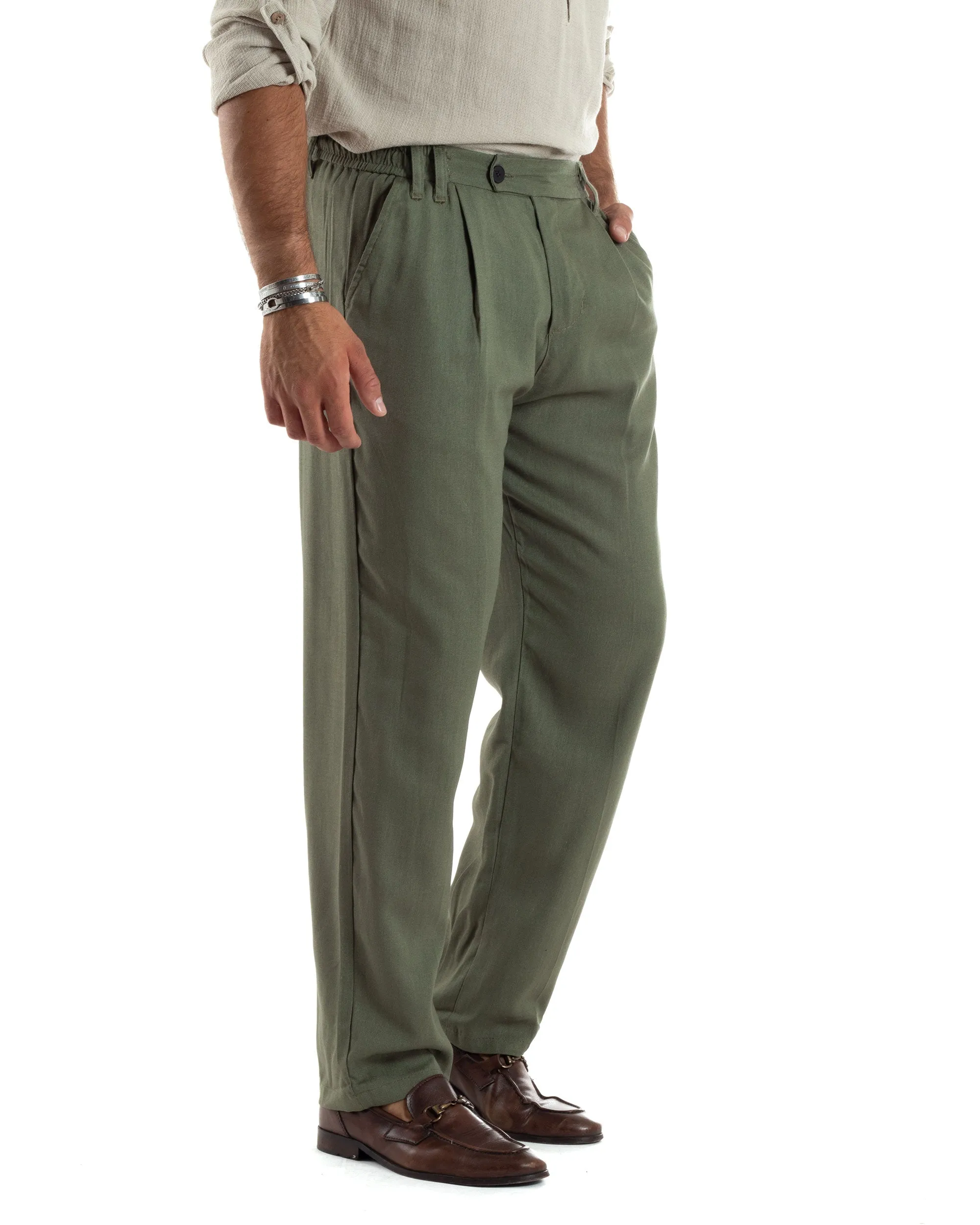 Pantaloni Uomo Lino Baggy Lungo Abbottonatura Allungata Tasche America Pinces Elastico Sul Retro Casual Tinta Unita Verde GIOSAL