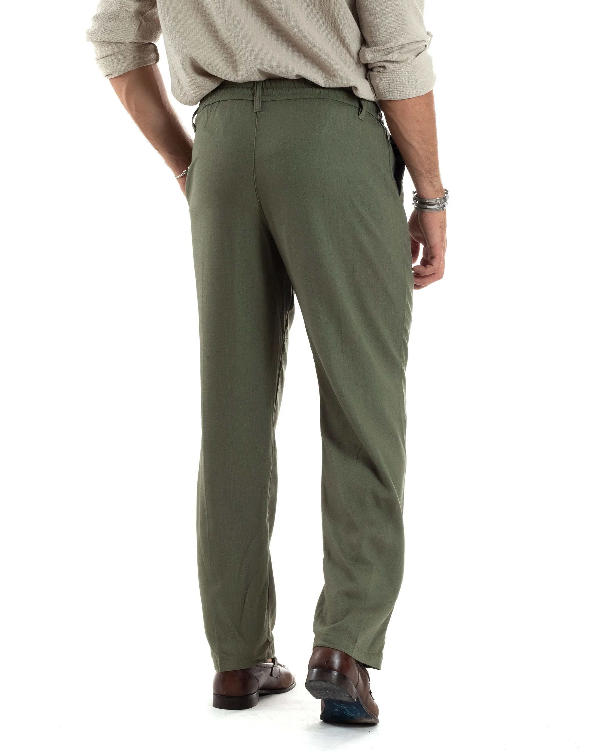 Pantaloni Uomo Lino Baggy Lungo Abbottonatura Allungata Tasche America Pinces Elastico Sul Retro Casual Tinta Unita Verde GIOSAL
