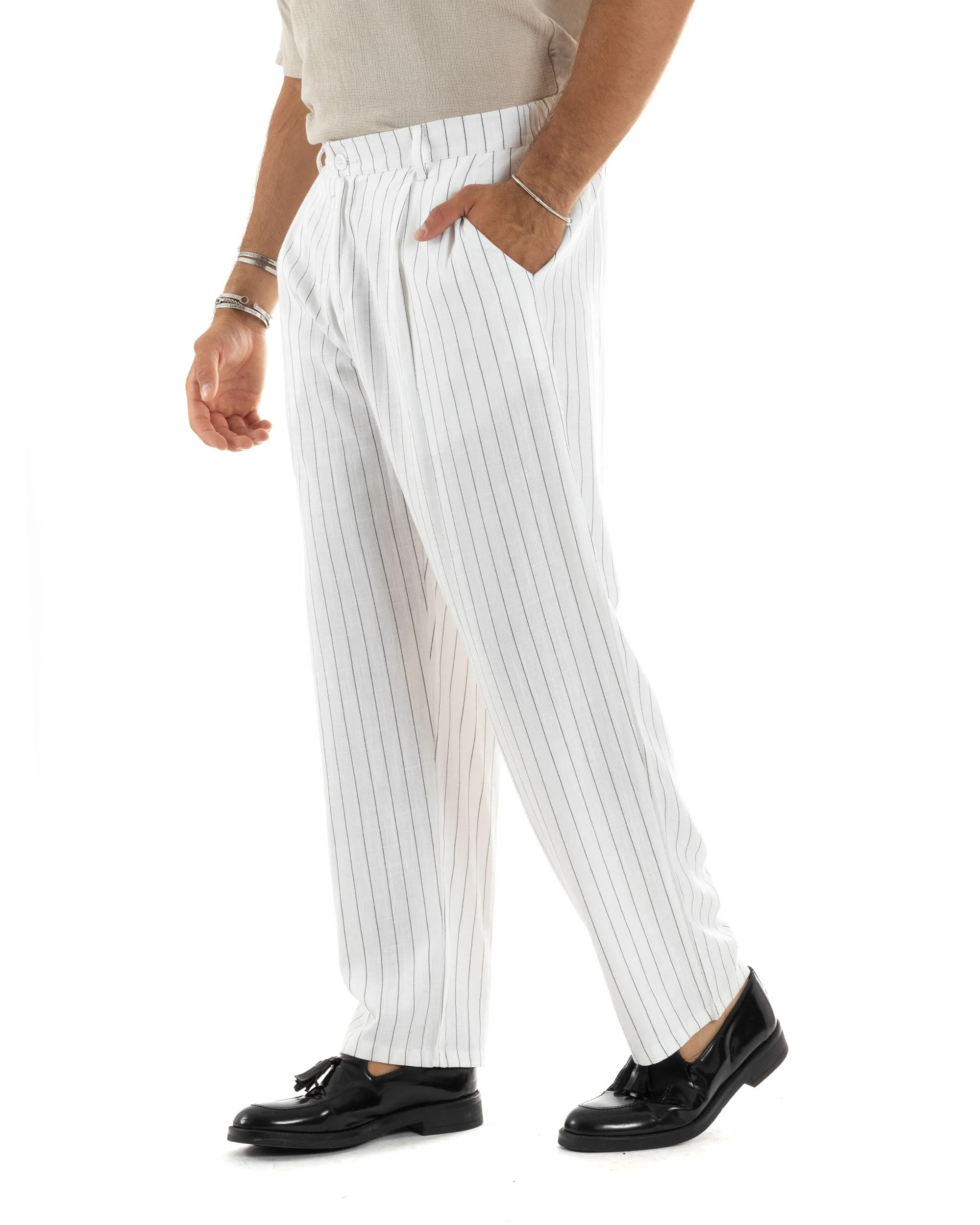 Pantaloni Uomo Lino Fondo Largo Casual Tasca America Pinces Baggy Rigato Gessato Bianco GIOSAL-P6107A