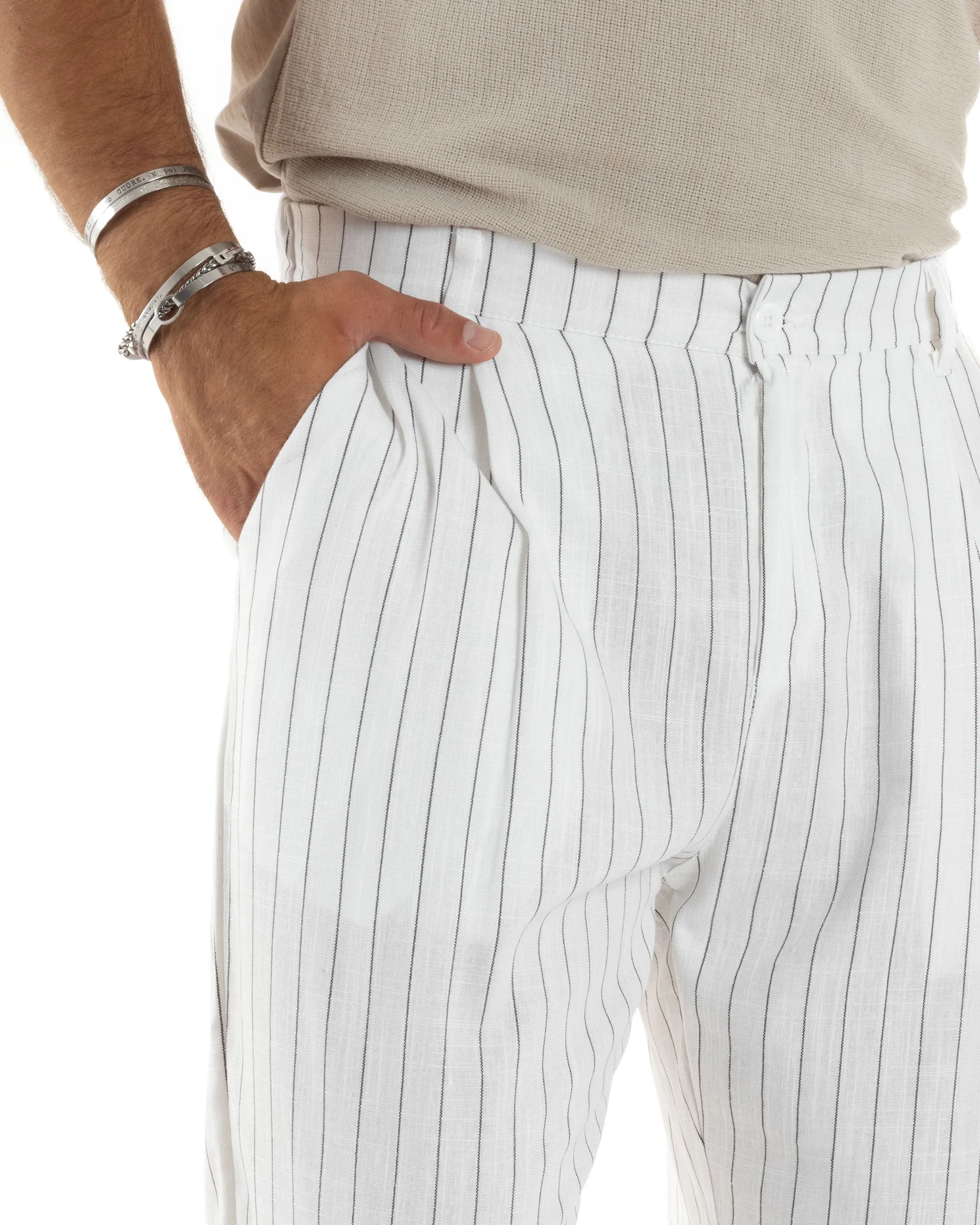 Pantaloni Uomo Lino Fondo Largo Casual Tasca America Pinces Baggy Rigato Gessato Bianco GIOSAL-P6107A