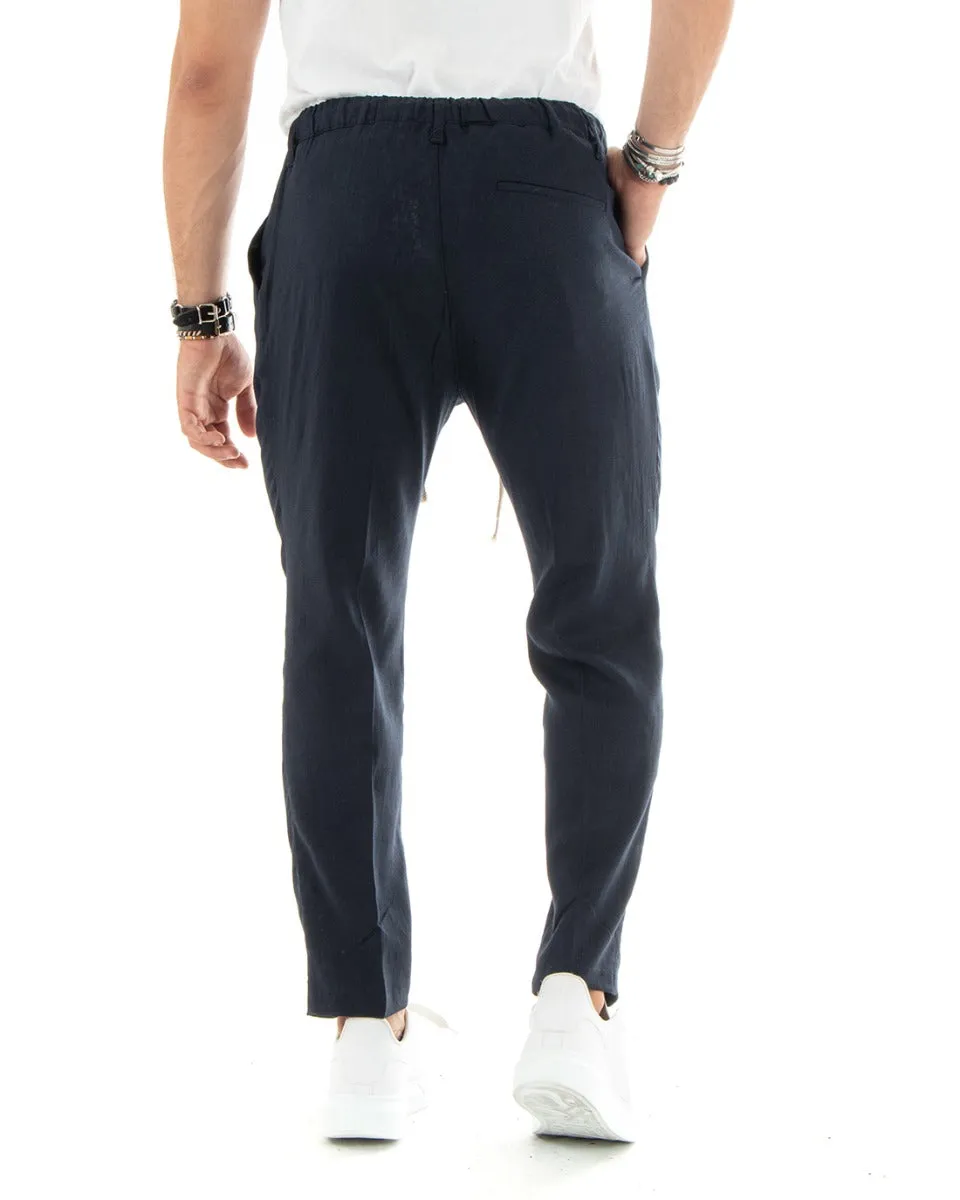 Pantaloni Uomo Lino Tasca America Basic Con Coulisse Elastico Sul Retro Casual Tinta Unita Blu GIOSAL-P5837A