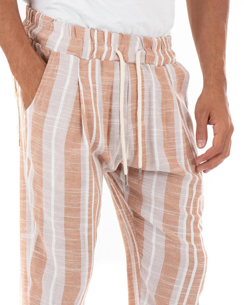 Pantaloni Uomo Pantalaccio Lino Elastico Rigato Coulisse Arancione GIOSAL-P5232A