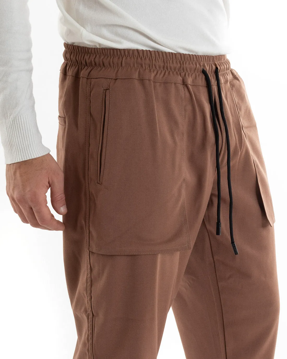 Pantaloni Uomo Pantalaccio Viscosa Tasconi Cargo Tabacco Elastico Coulisse GIOSAL-P5571A