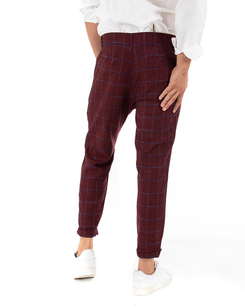 Pantaloni Uomo Tasca America Lino Classico Sartoriale Con Pinces Scozzese Bordeaux GIOSAL-P3826A