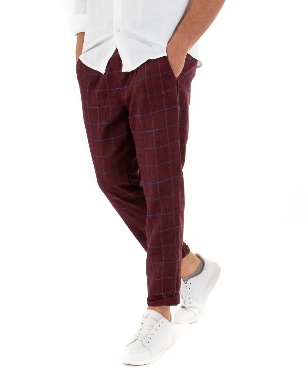 Pantaloni Uomo Tasca America Lino Classico Sartoriale Con Pinces Scozzese Bordeaux GIOSAL-P3826A