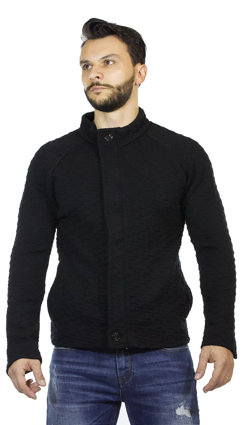 Paolo Pecora Maglia uomo con zip in lana trama lavorata nera.