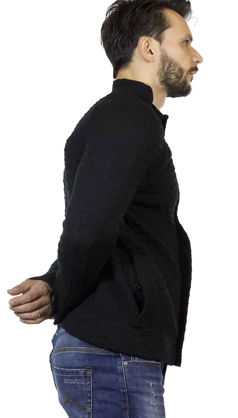 Paolo Pecora Maglia uomo con zip in lana trama lavorata nera.