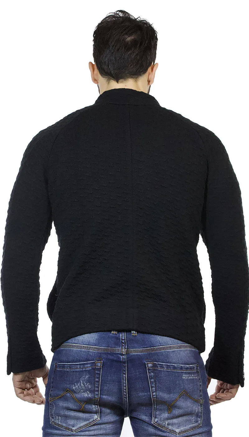 Paolo Pecora Maglia uomo con zip in lana trama lavorata nera.