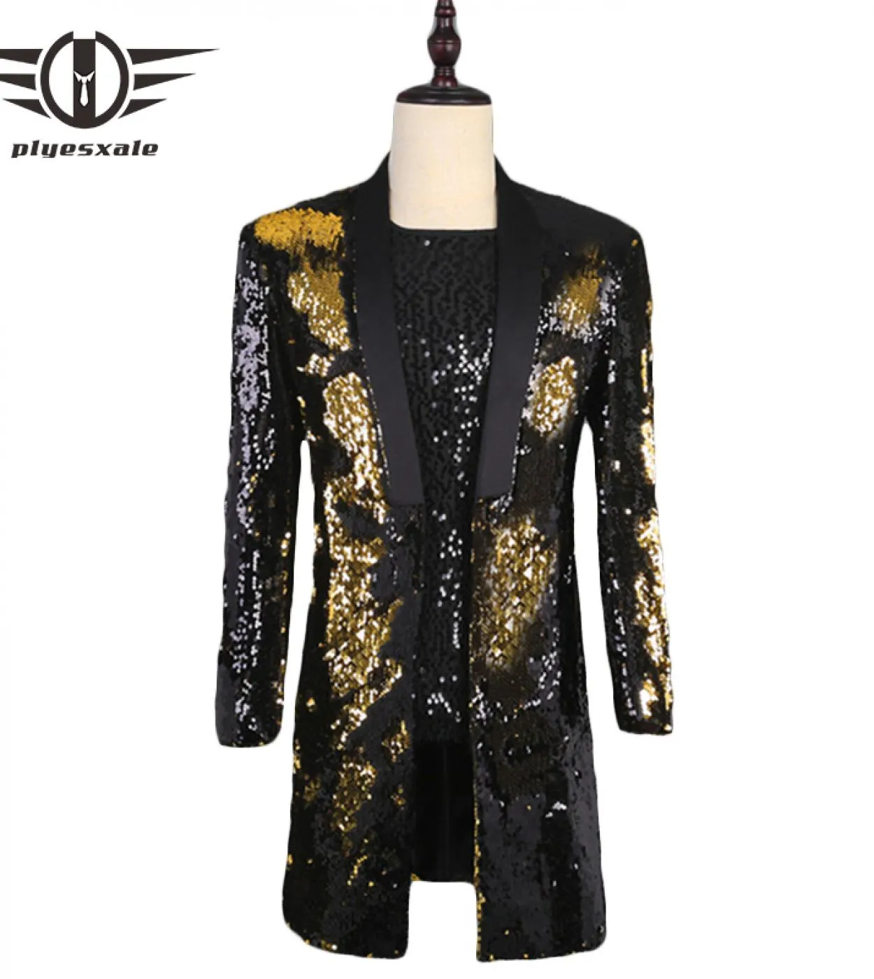 Plyesxale Blazer in oro nero per uomo collo a scialle giacca da uomo con paillettes DJ Night Club cantante glitter costume uomo