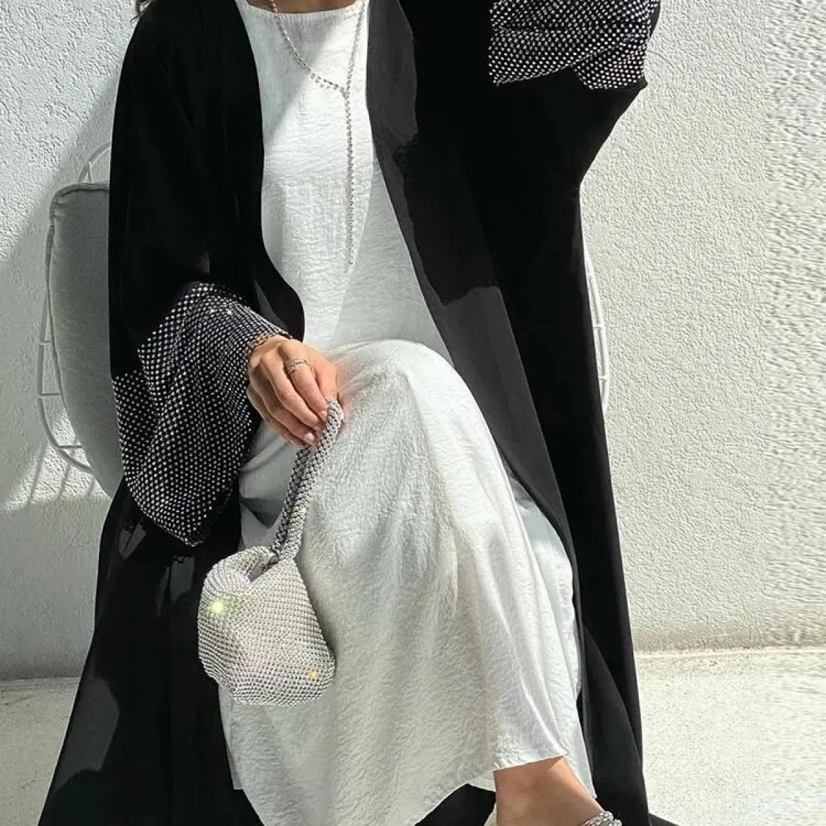 Ramadan musulmano Eid Kimono aperto Abaya Kimono Cappotto Abito musulmano per le donne Islam Retro Rete di perforazione elastica