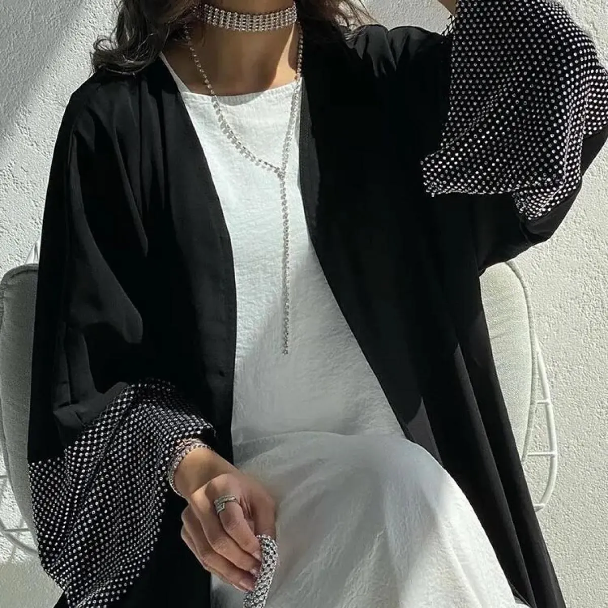Ramadan musulmano Eid Kimono aperto Abaya Kimono Cappotto Abito musulmano per le donne Islam Retro Rete di perforazione elastica