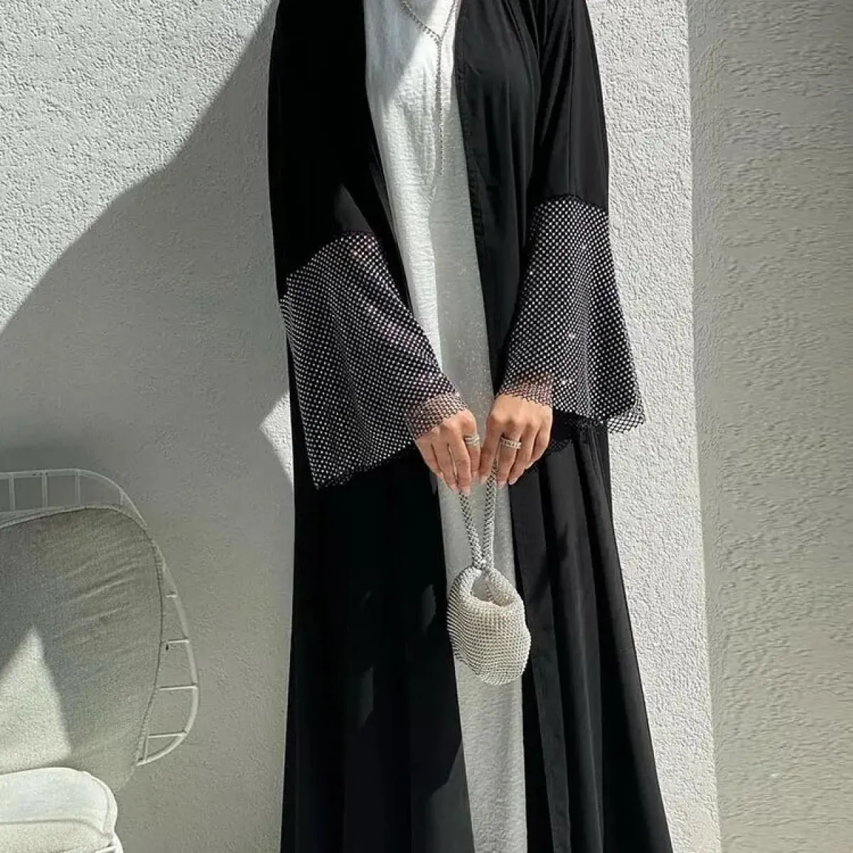 Ramadan musulmano Eid Kimono aperto Abaya Kimono Cappotto Abito musulmano per le donne Islam Retro Rete di perforazione elastica
