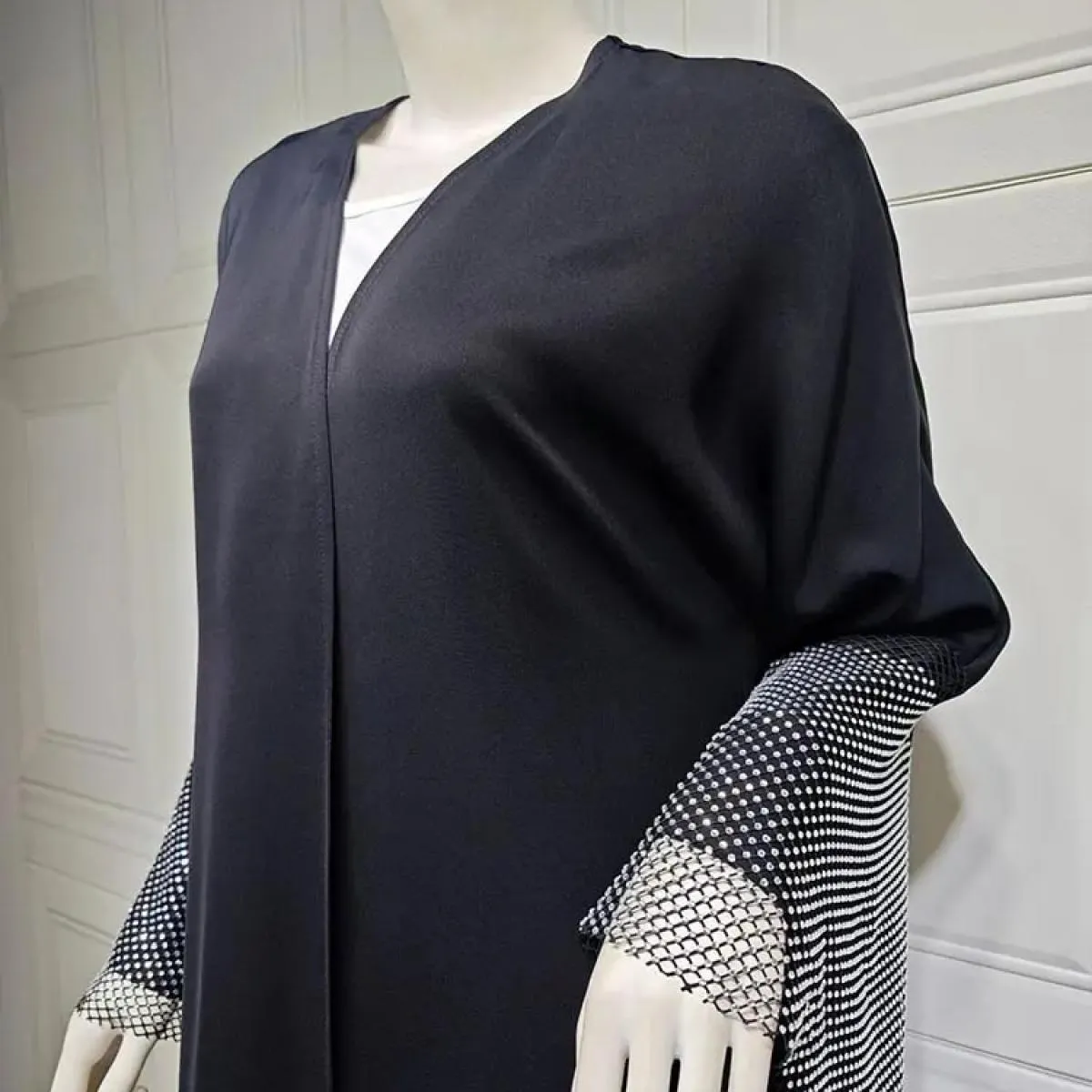 Ramadan musulmano Eid Kimono aperto Abaya Kimono Cappotto Abito musulmano per le donne Islam Retro Rete di perforazione elastica