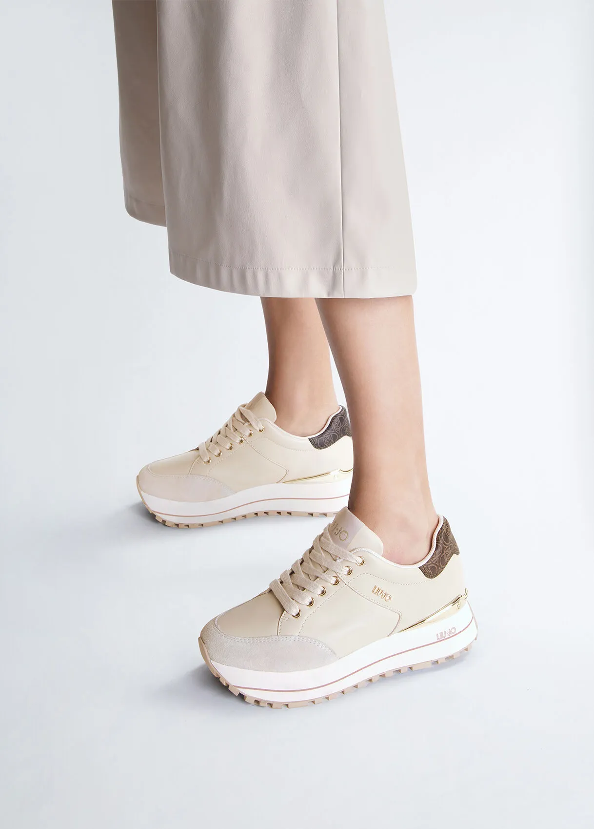 Sneakers platform in pelle beige