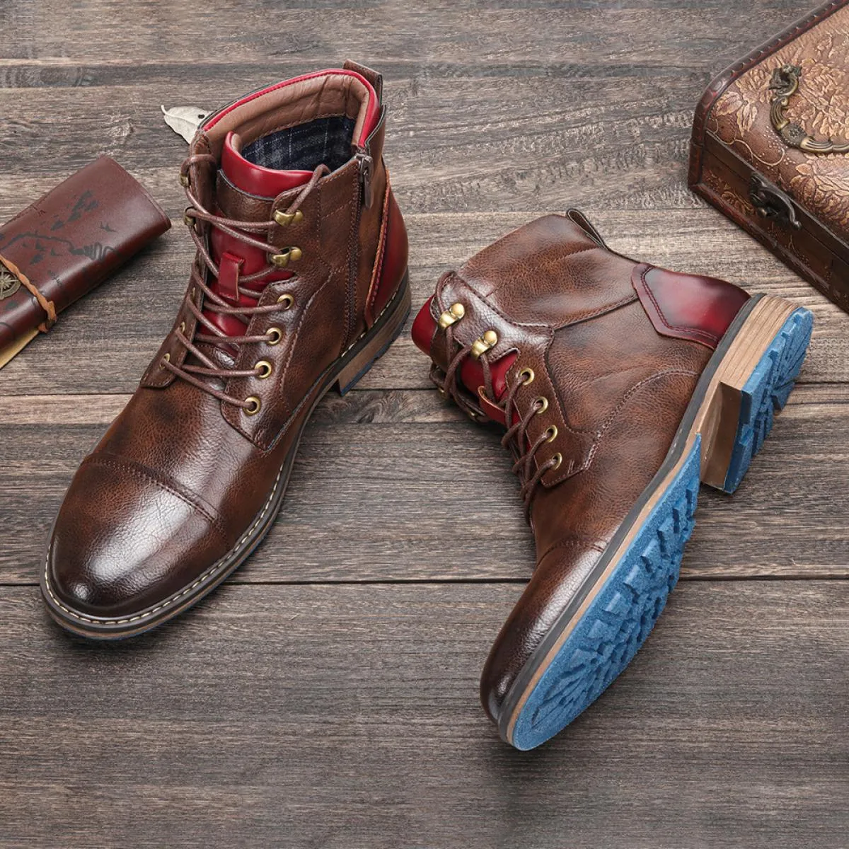 Stivaletti classici da uomo in pelle retrò Stivaletti alla moda da uomo Stivaletti stringati da uomo Scarpe alte